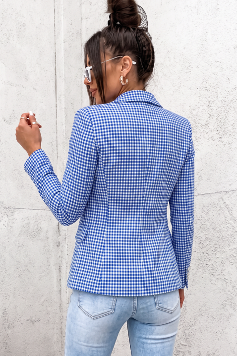 Sacou damă elegant, cambrat, cu închidere dublu rând, model în carouri fine și rever clasic BELAVENZA BLUE, Culoare: alb și albastru   , IVET.RO - Reduceri de până la -80%