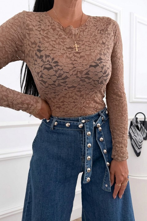 Bluză damă din dantelă cu mâneci lungi și imprimeu floral VARINIA MOCHA, Culoare: mocca, IVET.RO - Reduceri de până la -80%