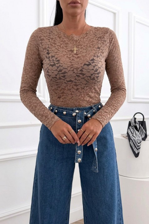 Bluză damă din dantelă cu mâneci lungi și imprimeu floral VARINIA MOCHA, Culoare: mocca, IVET.RO - Reduceri de până la -80%