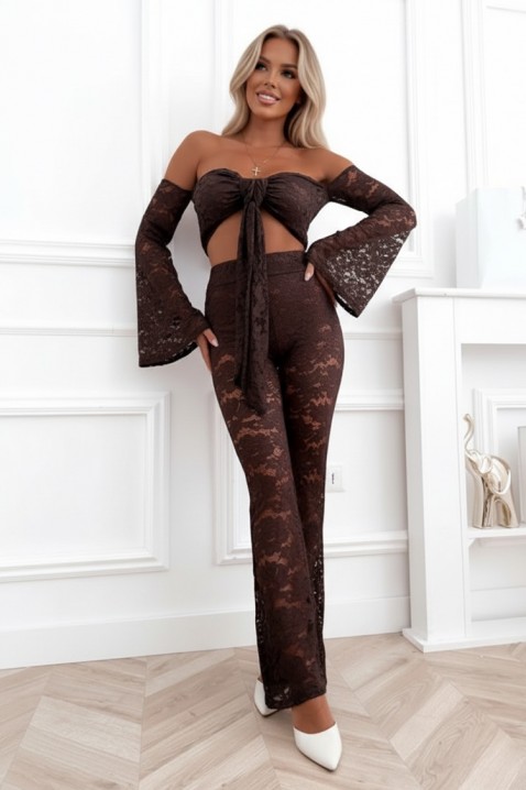 Set din dantelă pentru femei, format din top cu umeri descoperiți și pantaloni evazați REGLIA BROWN, Culoare: maro, IVET.RO - Reduceri de până la -80%
