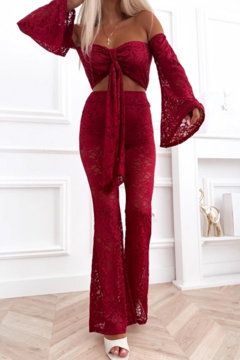 Set din dantelă pentru femei, cu top cu umeri descoperiți și pantaloni evazați REGLIA BORDO, Culoare: bordo, IVET.RO - Reduceri de până la -80%
