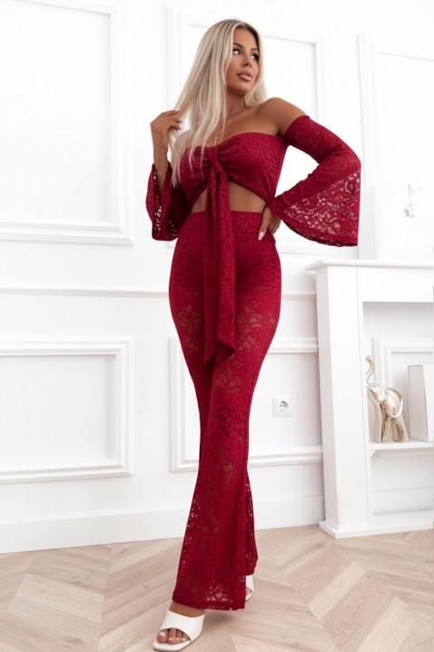 Set din dantelă pentru femei, cu top cu umeri descoperiți și pantaloni evazați REGLIA BORDO, Culoare: bordo, IVET.RO - Reduceri de până la -80%