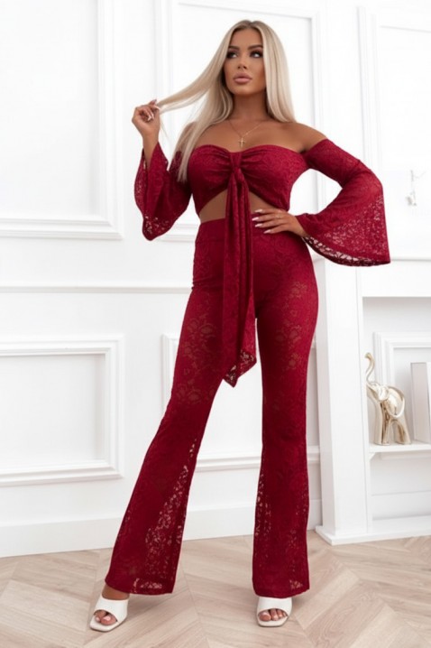 Set din dantelă pentru femei, cu top cu umeri descoperiți și pantaloni evazați REGLIA BORDO, Culoare: bordo, IVET.RO - Reduceri de până la -80%