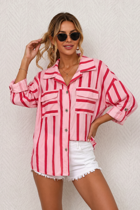 Cămașă damă atrăgătoare, lejeră, cu dungi contrastante artistice și buzunare accent MARZELA PINK, Culoare: roz cu roșu, IVET.RO - Reduceri de până la -80%