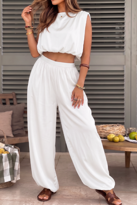 Set damă stilat din top scurt rafinat și pantaloni largi LOREVESA WHITE, Culoare: alb, IVET.RO - Reduceri de până la -80%