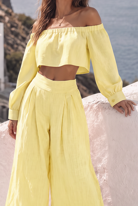 Set de damă cu top cu umeri căzuți și pantaloni largi JEZABEL YELLOW, Culoare: galben, IVET.RO - Reduceri de până la -80%