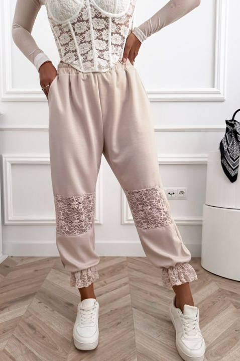 Pantaloni boho romantici pentru femei cu accente delicate din dantelă și siluetă confortabilă VESPERIA BEIGE, Culoare: bej, IVET.RO - Reduceri de până la -80%