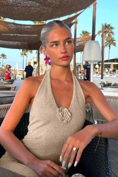 Rochie lungă cu decolteu halter și despicătură înaltă cu accente florale DALMISA BEIGE, Culoare: bej, IVET.RO - Reduceri de până la -80%
