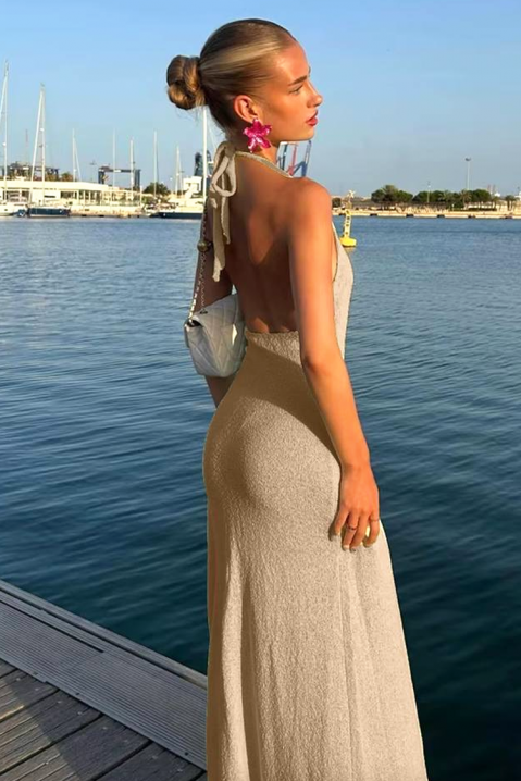 Rochie lungă cu decolteu halter și despicătură înaltă cu accente florale DALMISA BEIGE, Culoare: bej, IVET.RO - Reduceri de până la -80%