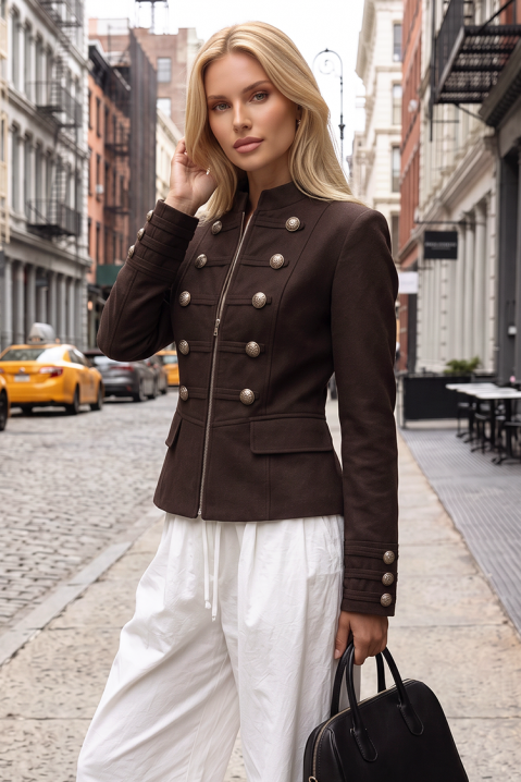 Sacou elegant de damă tip jachetă cu nasturi decorativi și fermoar MAKETIA BROWN, Culoare: maro, IVET.RO - Reduceri de până la -80%