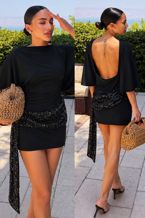 Rochie mini cu curea spectaculoasă din paiete și spate decupat BELESTIA, Culoare: negru, IVET.RO - Reduceri de până la -80%