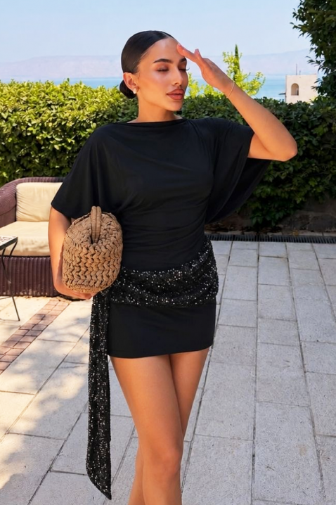 Rochie mini cu curea spectaculoasă din paiete și spate decupat BELESTIA, Culoare: negru, IVET.RO - Reduceri de până la -80%