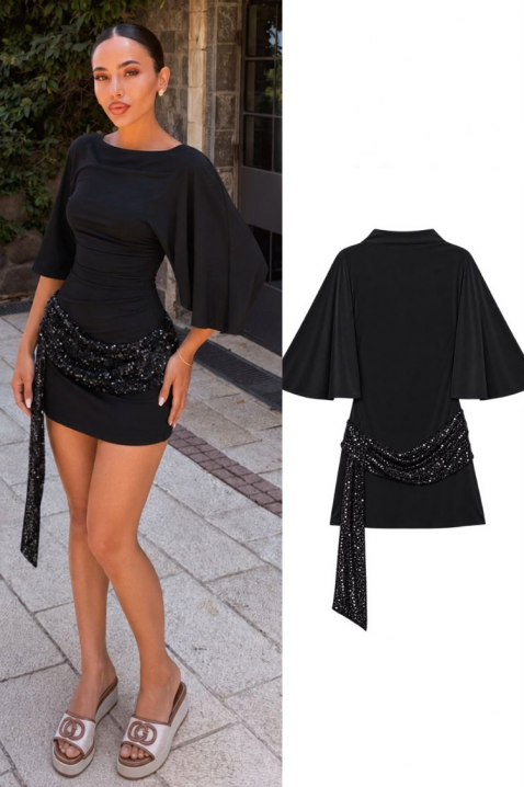 Rochie mini cu curea spectaculoasă din paiete și spate decupat BELESTIA, Culoare: negru, IVET.RO - Reduceri de până la -80%