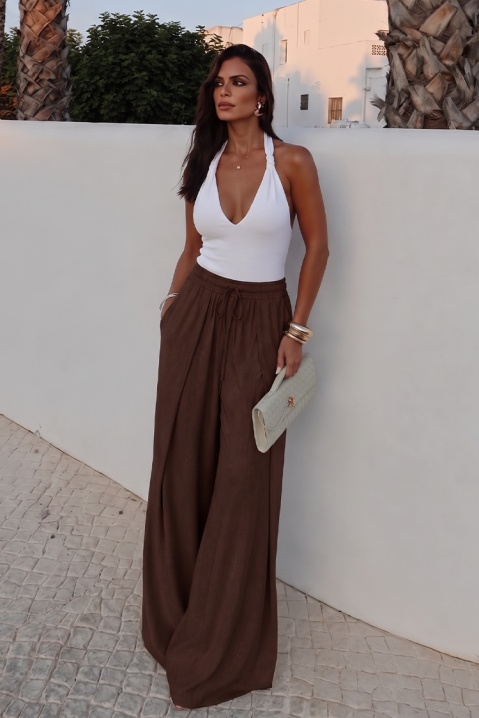 Pantaloni damă largi cu talie înaltă și legături TAMERIANA BROWN, Culoare: maro, IVET.RO - Reduceri de până la -80%