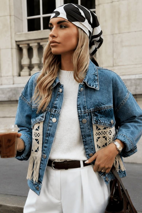 Geacă de blugi modernă pentru femei cu elemente decorative și franjuri ABERTINA SKY, Culoare: denim, IVET.RO - Reduceri de până la -80%