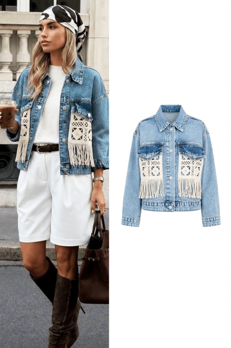 Geacă de blugi modernă pentru femei cu elemente decorative și franjuri ABERTINA SKY, Culoare: denim, IVET.RO - Reduceri de până la -80%