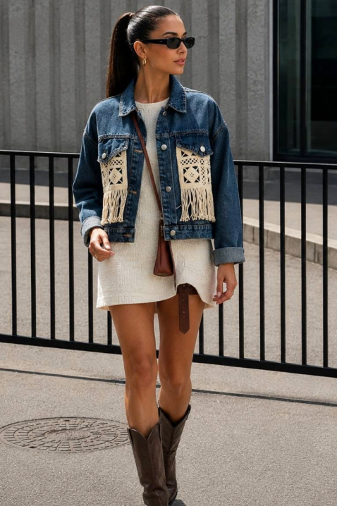 Geacă de damă din denim modernă cu elemente decorative și franjuri ABERTINA BLUE, Culoare: denim, IVET.RO - Reduceri de până la -80%
