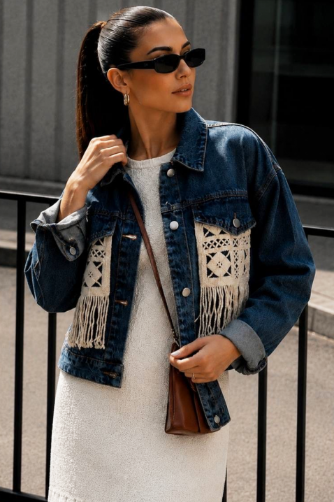 Geacă de damă din denim modernă cu elemente decorative și franjuri ABERTINA BLUE, Culoare: denim, IVET.RO - Reduceri de până la -80%
