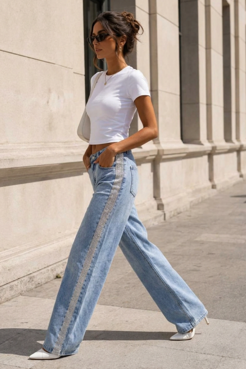 Blugi damă largi cu benzi decorative laterale CARINIRA BLUE, Culoare: denim, IVET.RO - Reduceri de până la -80%