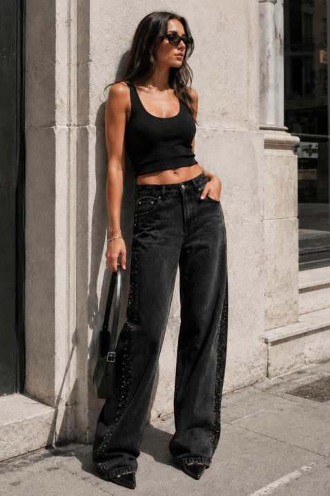 Blugi damă largi cu benzi decorative laterale CARINIRA BLACK, Culoare: negru, IVET.RO - Reduceri de până la -80%