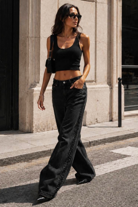 Blugi damă largi cu benzi decorative laterale CARINIRA BLACK, Culoare: negru, IVET.RO - Reduceri de până la -80%