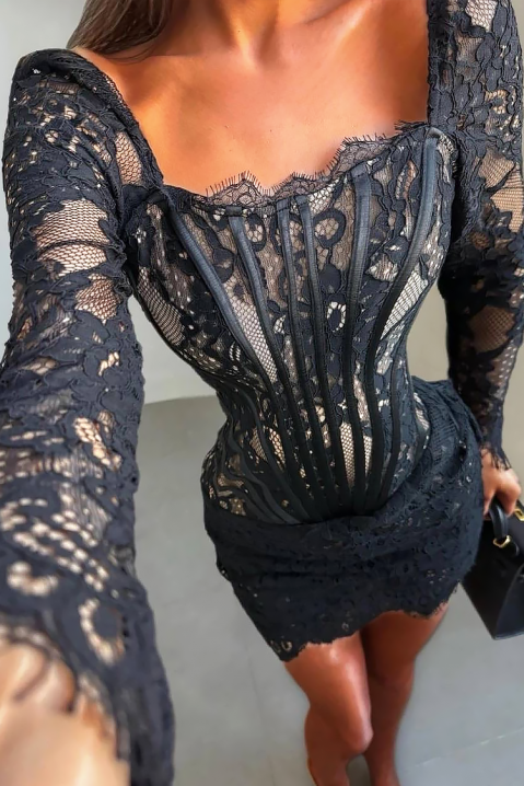 Rochie scurtă din dantelă cu spate decupat și trenă asimetrică FAMESIA, Culoare: negru, IVET.RO - Reduceri de până la -80%