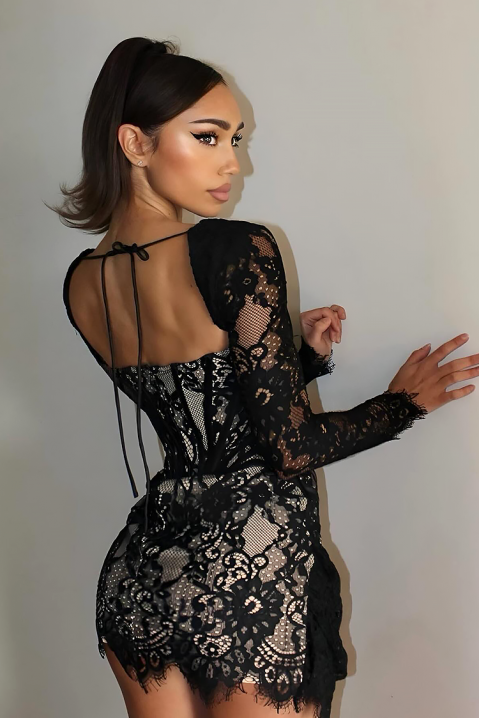 Rochie scurtă din dantelă cu spate decupat și trenă asimetrică FAMESIA, Culoare: negru, IVET.RO - Reduceri de până la -80%