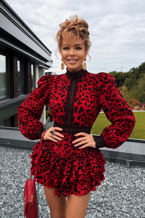 Rochie scurtă spectaculoasă cu volane și mâneci bufante, animal print PERLITIA RED, Culoare: roșu, IVET.RO - Reduceri de până la -80%