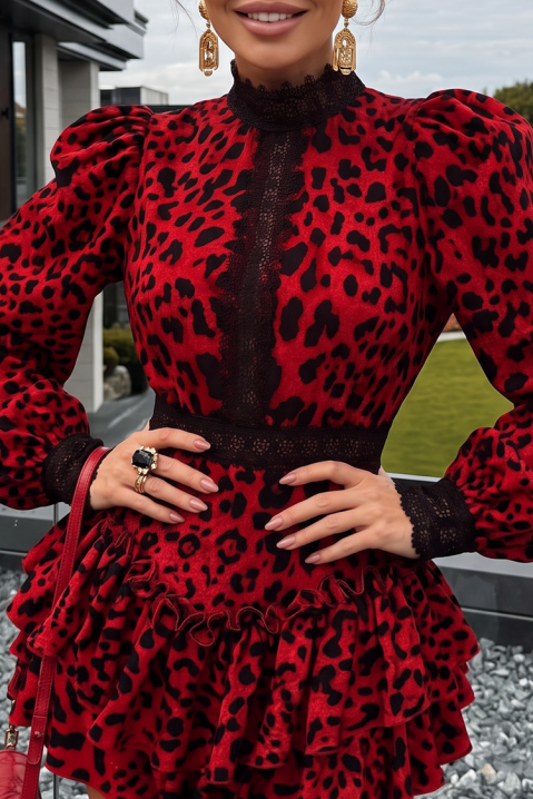 Rochie scurtă spectaculoasă cu volane și mâneci bufante, animal print PERLITIA RED, Culoare: roșu, IVET.RO - Reduceri de până la -80%