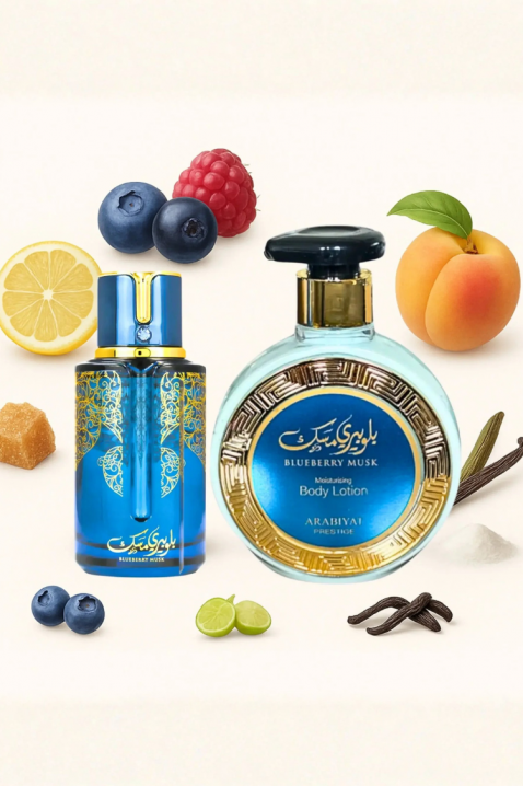 Set unisex arabesc Arabiyat Prestige Blueberry Musk EDP 100 ml + Loțiune de corp 300 mlIVET.RO - Reduceri de până la -80%
