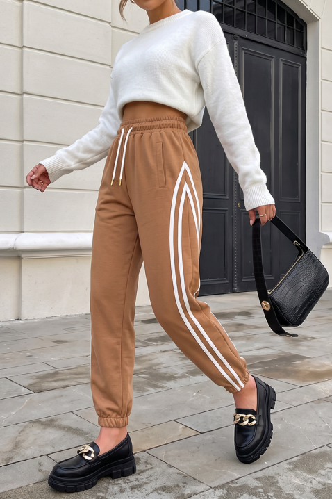 Pantaloni sport de damă cu legături și benzi decorative laterale BERLETA CAMEL, Culoare: maro deschis    , IVET.RO - Reduceri de până la -80%