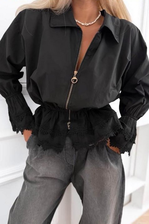 Jachetă elegantă de damă din bumbac cu dantelă și talie elastică LORETINA BLACK, Culoare: negru, IVET.RO - Reduceri de până la -80%