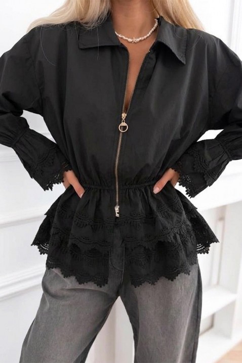 Jachetă elegantă de damă din bumbac cu dantelă și talie elastică LORETINA BLACK, Culoare: negru, IVET.RO - Reduceri de până la -80%