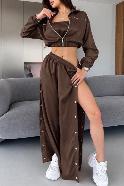 Set damă din trei piese cu jachetă scurtă, pantaloni largi și top HRISANIA BROWN, Culoare: maro, IVET.RO - Reduceri de până la -80%