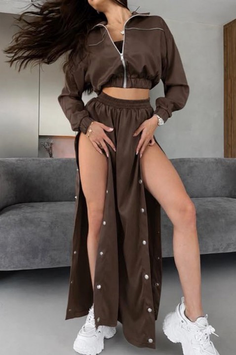 Set damă din trei piese cu jachetă scurtă, pantaloni largi și top HRISANIA BROWN, Culoare: maro, IVET.RO - Reduceri de până la -80%
