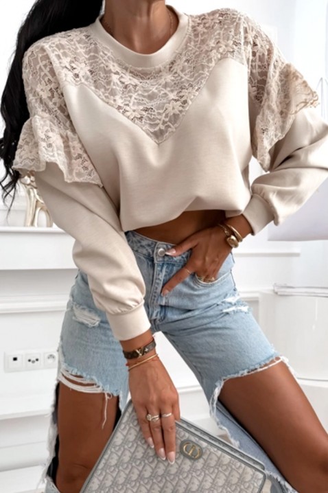 Bluză damă cu dantelă și mâneci spectaculoase ELARIETA BEIGE, Culoare: bej, IVET.RO - Reduceri de până la -80%