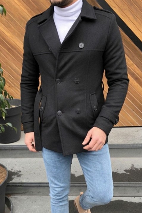 Palton bărbătesc elegant cu guler clasic cu rever și închidere dublu rând cu curea TORONTO BLACK, Culoare: negru, IVET.RO - Reduceri de până la -80%