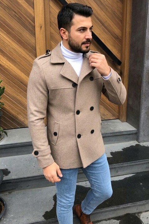 Palton bărbătesc elegant cu guler clasic cu revere și închidere dublu rând cu curea TORONTO CAMEL, Culoare: maro deschis    , IVET.RO - Reduceri de până la -80%