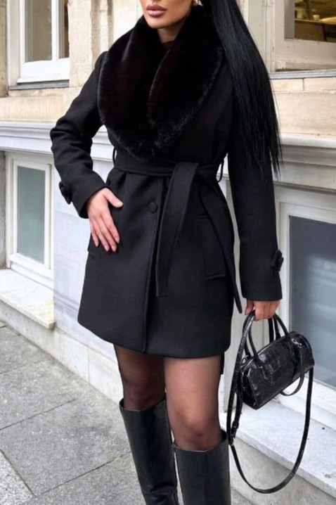 Palton elegant de damă tip wrap cu guler pufos DOLNEVA BLACK, Culoare: negru, IVET.RO - Reduceri de până la -80%