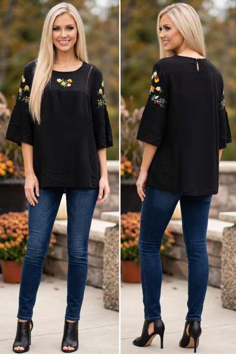 Bluză diafană cu accente florale și mâneci evazate LUSARIE BLACK, Culoare: negru, IVET.RO - Reduceri de până la -80%