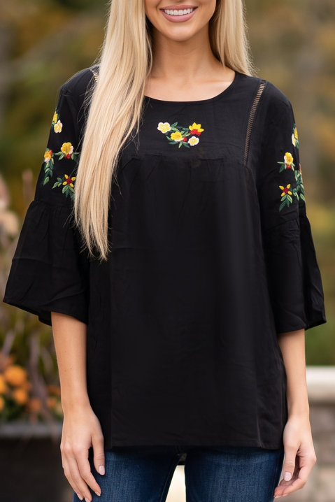 Bluză diafană cu accente florale și mâneci evazate LUSARIE BLACK, Culoare: negru, IVET.RO - Reduceri de până la -80%