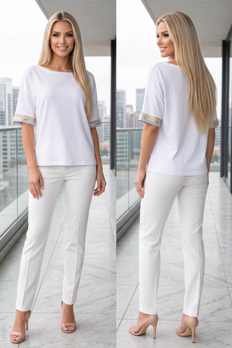 Tricou damă cu croială lejeră și benzi decorative SELENALIA WHITE, Culoare: alb, IVET.RO - Reduceri de până la -80%
