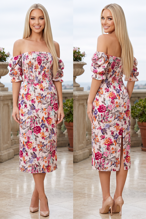 Rochie midi cu motiv floral și umeri căzuți GELARDINA PINK, Culoare: roz, IVET.RO - Reduceri de până la -80%