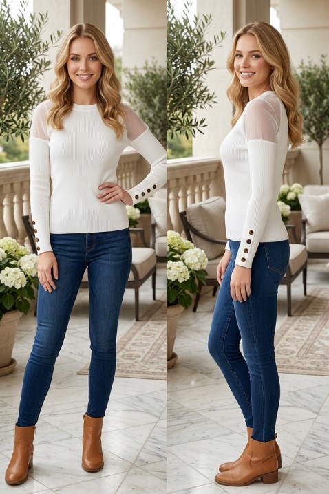 Bluză damă din material rib cu accent transparent și nasturi decorativi ZELMIENA ECRU, Culoare: ecru, IVET.RO - Reduceri de până la -80%