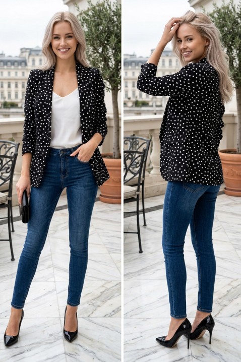Sacou sport-elegant de damă cu buline, mâneci bufante, fără închidere ZALONSIA BLACK, Culoare: negru, IVET.RO - Reduceri de până la -80%