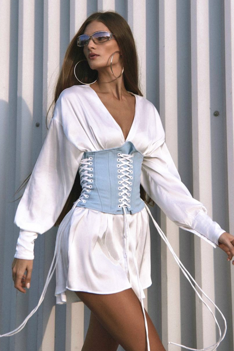Rochie scurtă cu efect de corset și legături EMELIENA, Culoare: alb, IVET.RO - Reduceri de până la -80%