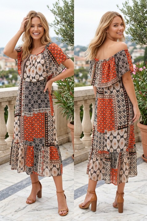 Rochie midi vaporoasă cu umerii căzuți și imprimeu boho MAZMENA RED, Culoare: multicolor, IVET.RO - Reduceri de până la -80%