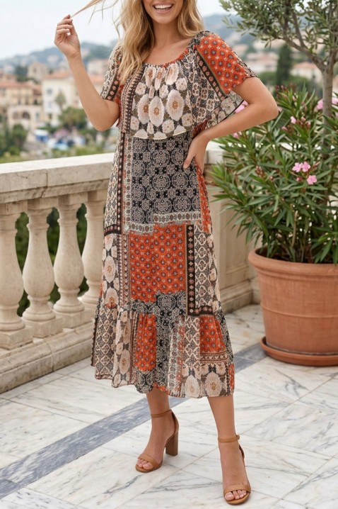 Rochie midi vaporoasă cu umerii căzuți și imprimeu boho MAZMENA RED, Culoare: multicolor, IVET.RO - Reduceri de până la -80%