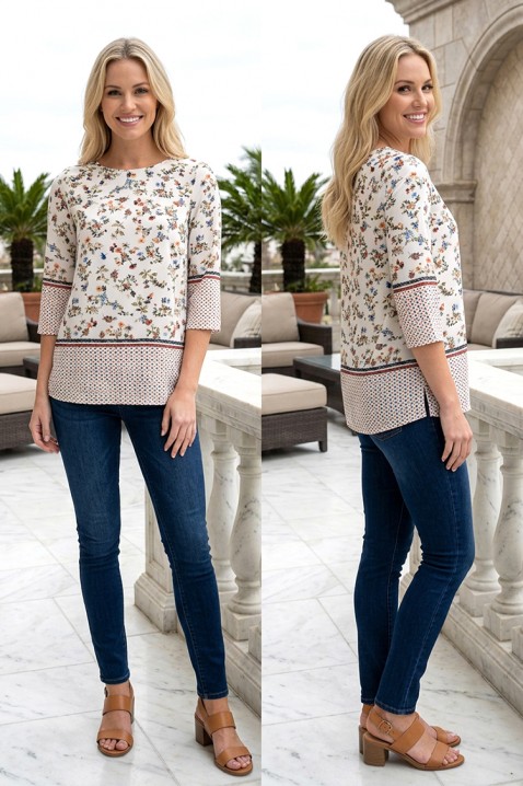 Bluză elegantă pentru femei cu mâneci 3/4 și imprimeu floral ZORTENA WHITE, Culoare: alb, IVET.RO - Reduceri de până la -80%