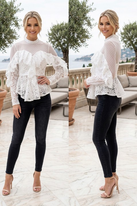 Bluză elegantă din dantelă cu partea superioară transparentă și volane LUCIVELA WHITE, Culoare: alb, IVET.RO - Reduceri de până la -80%